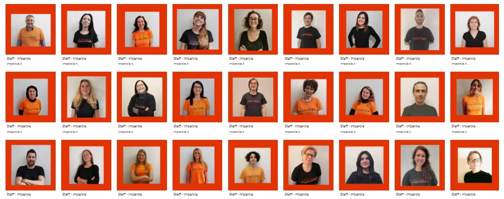 questa immagine contiene 27 piccoli quadretti con le foto e i nomi dei dipendenti di "IMPAROLE"